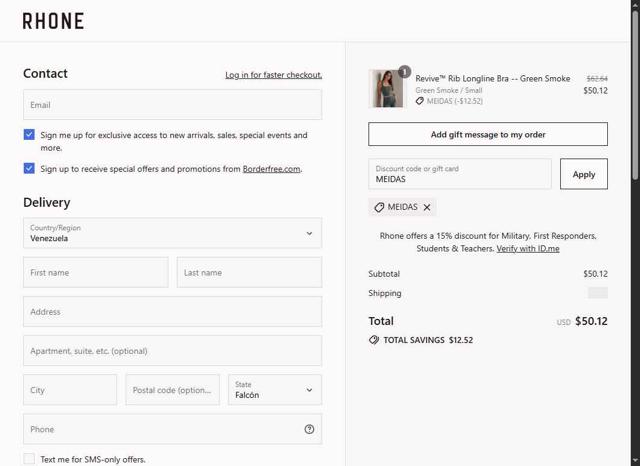 Rhone checkout page showing Rhone discount code box | Screenshot taken by SimplyCodes community member on Sep 10, 2025
