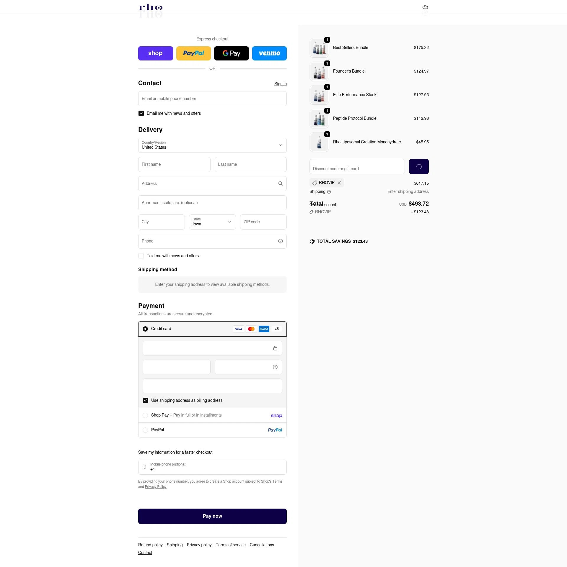 Rho Nutrition checkout page showing Rho Nutrition discount code box | Screenshot taken by SimplyCodes community member on Feb 10, 2026