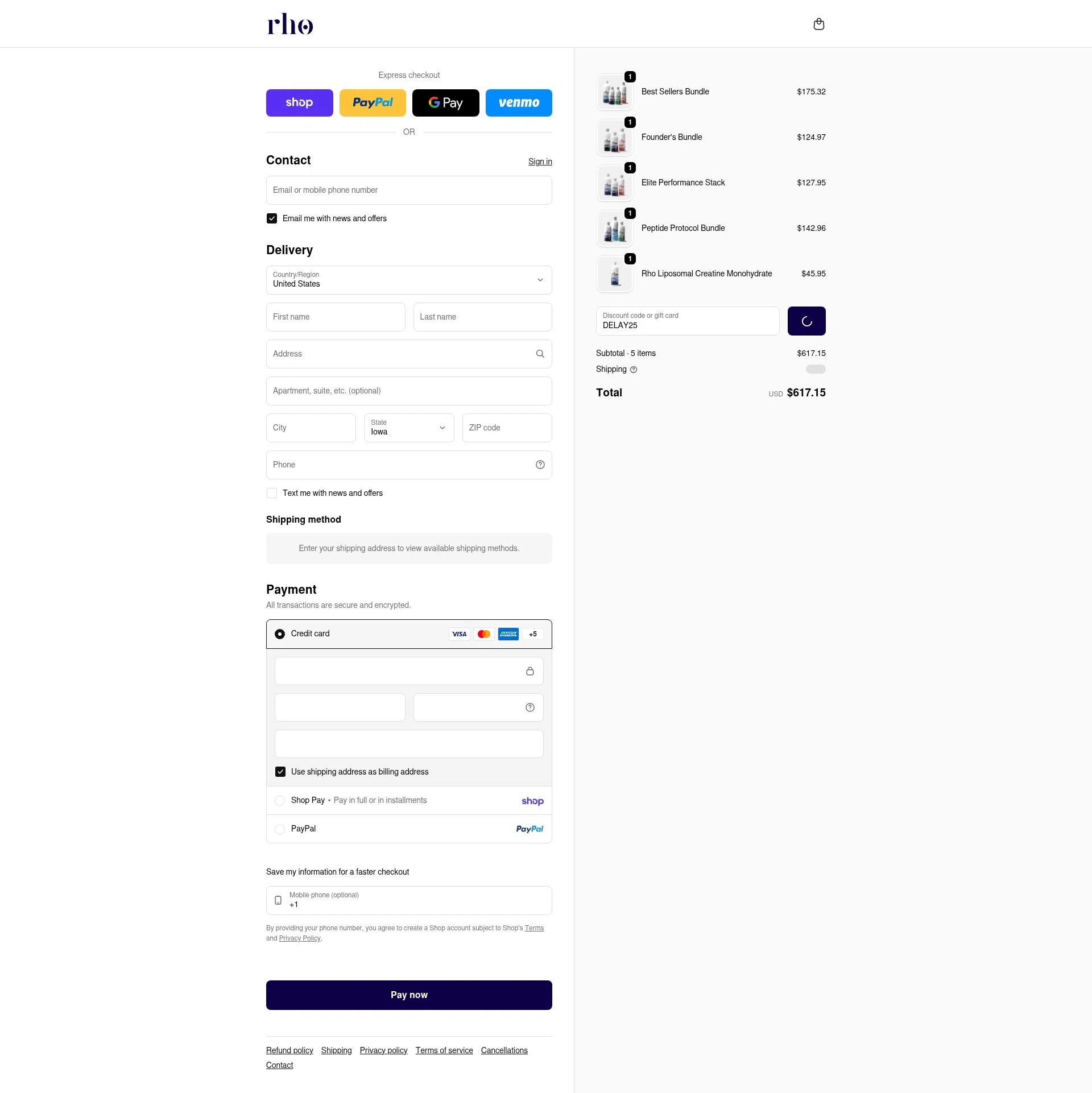 Rho Nutrition checkout page showing Rho Nutrition discount code box | Screenshot taken by SimplyCodes community member on Feb 10, 2026