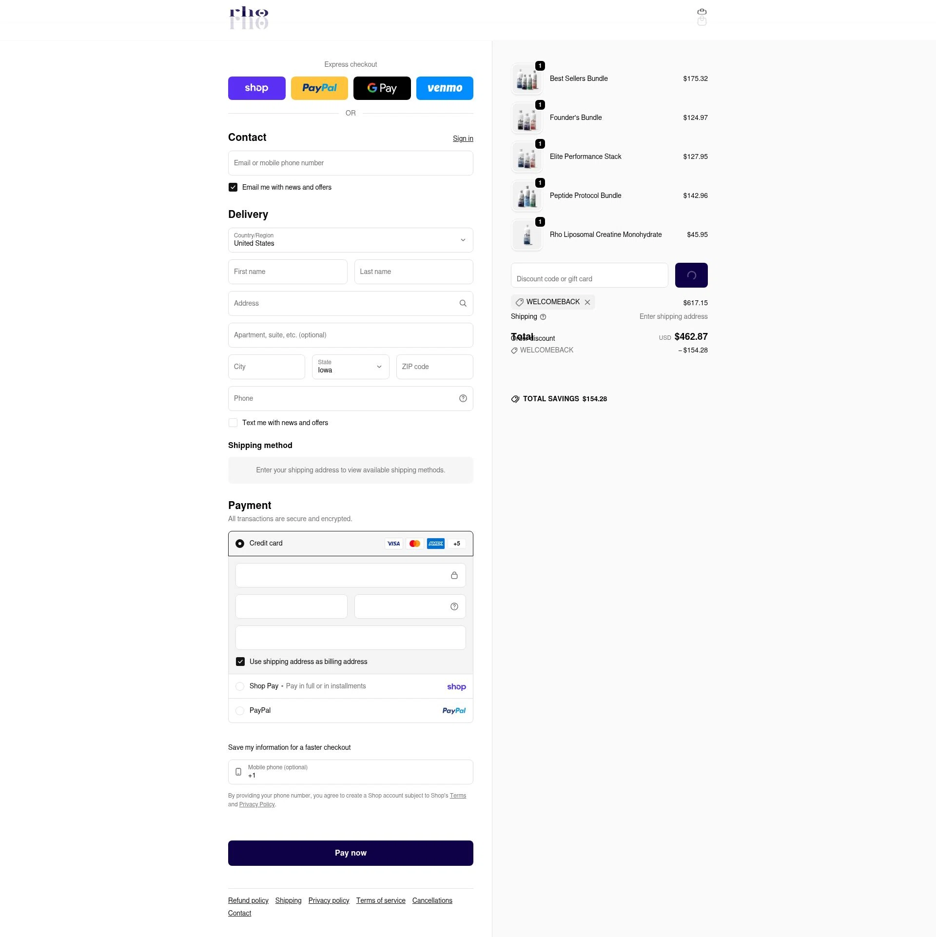Rho Nutrition checkout page showing Rho Nutrition discount code box | Screenshot taken by SimplyCodes community member on Feb 10, 2026