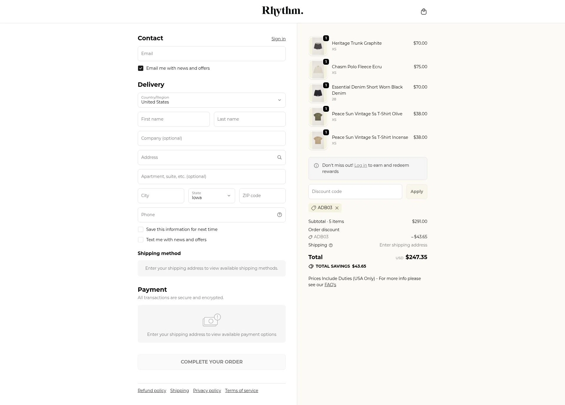 Rhythm Livin checkout page showing Rhythm Livin promo code box | Screenshot taken by SimplyCodes community member on Feb 18, 2026