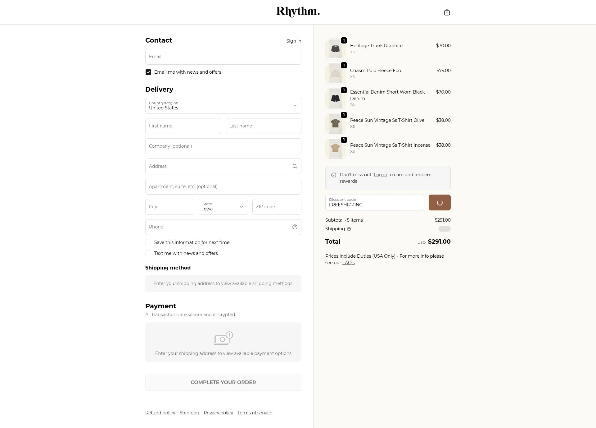 Rhythm Livin checkout page showing Rhythm Livin promo code box | Screenshot taken by SimplyCodes community member on Feb 18, 2026