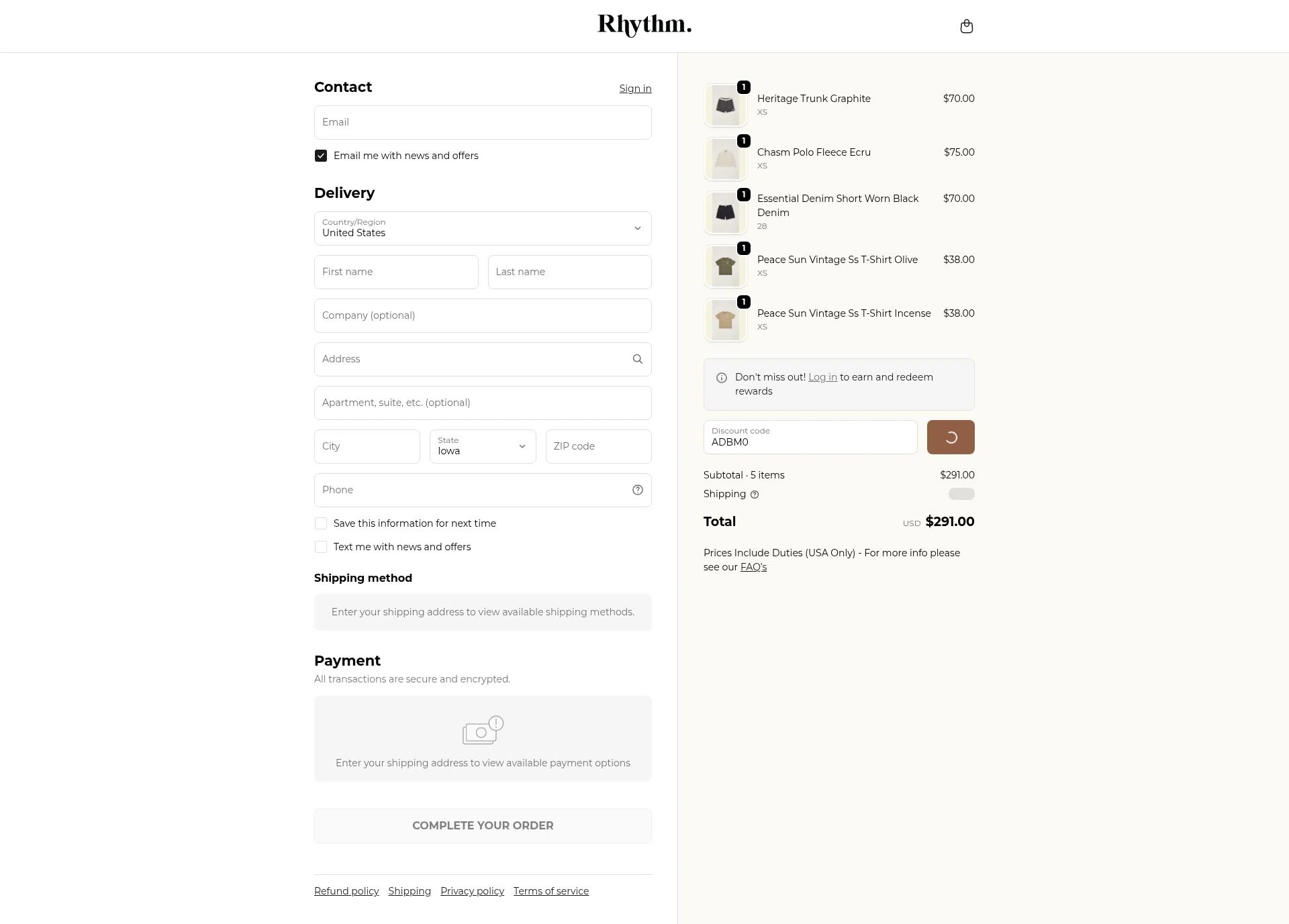 Rhythm Livin checkout page showing Rhythm Livin promo code box | Screenshot taken by SimplyCodes community member on Feb 18, 2026