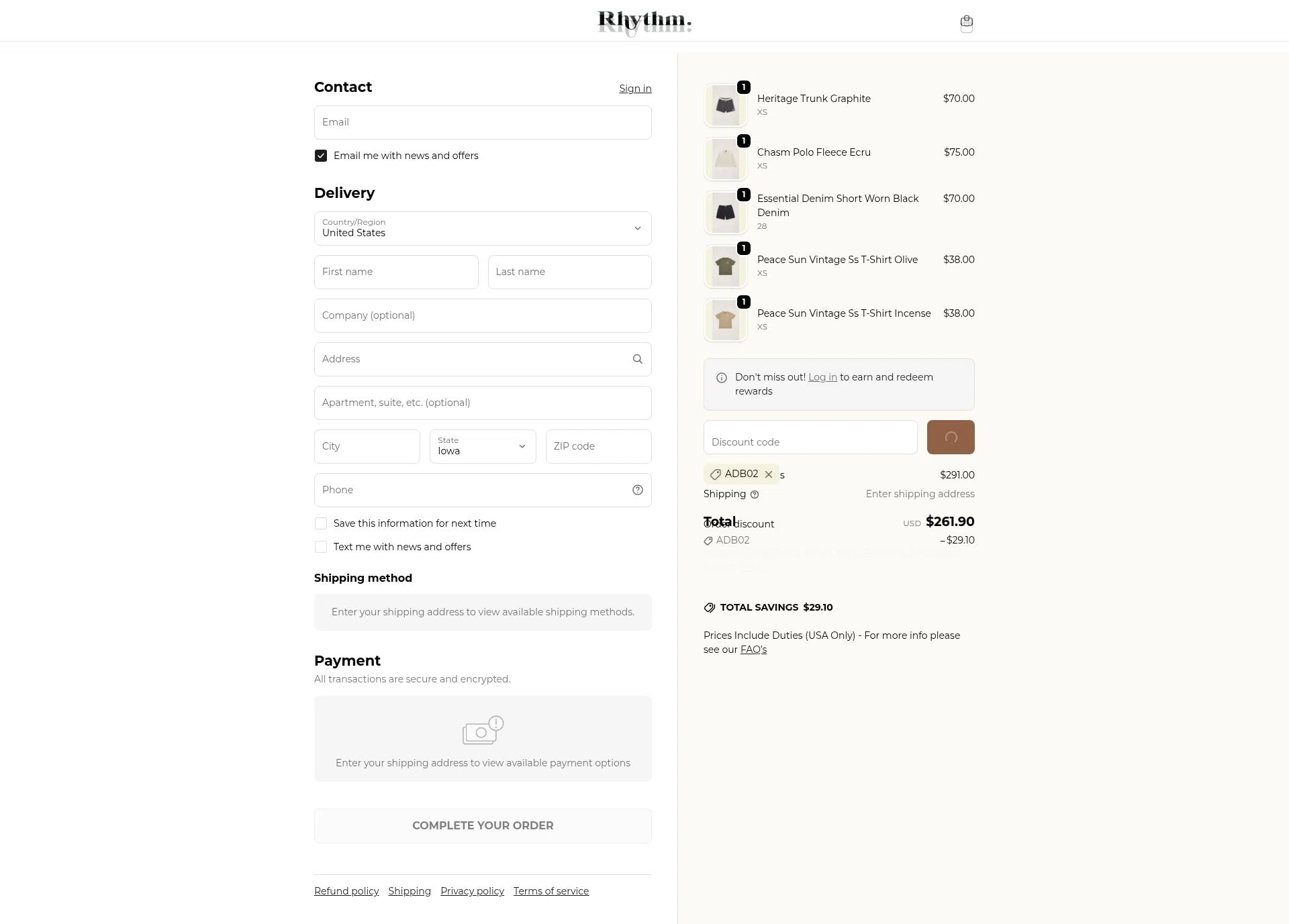 Rhythm Livin checkout page showing Rhythm Livin promo code box | Screenshot taken by SimplyCodes community member on Feb 18, 2026