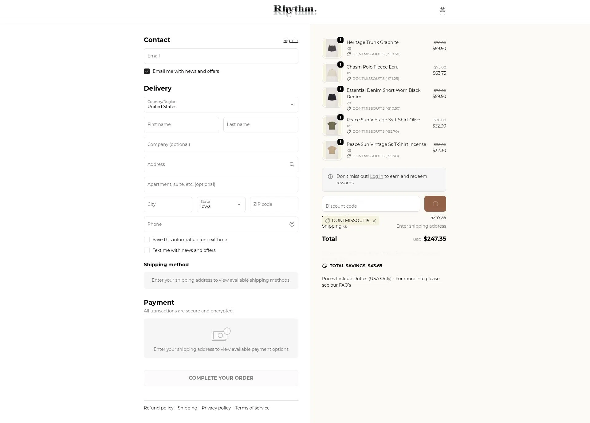 Rhythm Livin checkout page showing Rhythm Livin promo code box | Screenshot taken by SimplyCodes community member on Feb 18, 2026