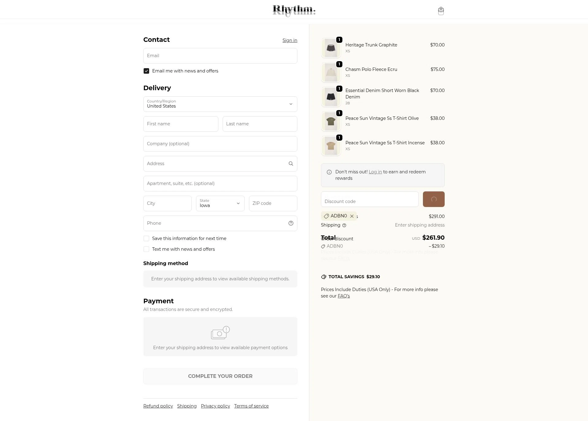 Rhythm Livin checkout page showing Rhythm Livin promo code box | Screenshot taken by SimplyCodes community member on Feb 18, 2026