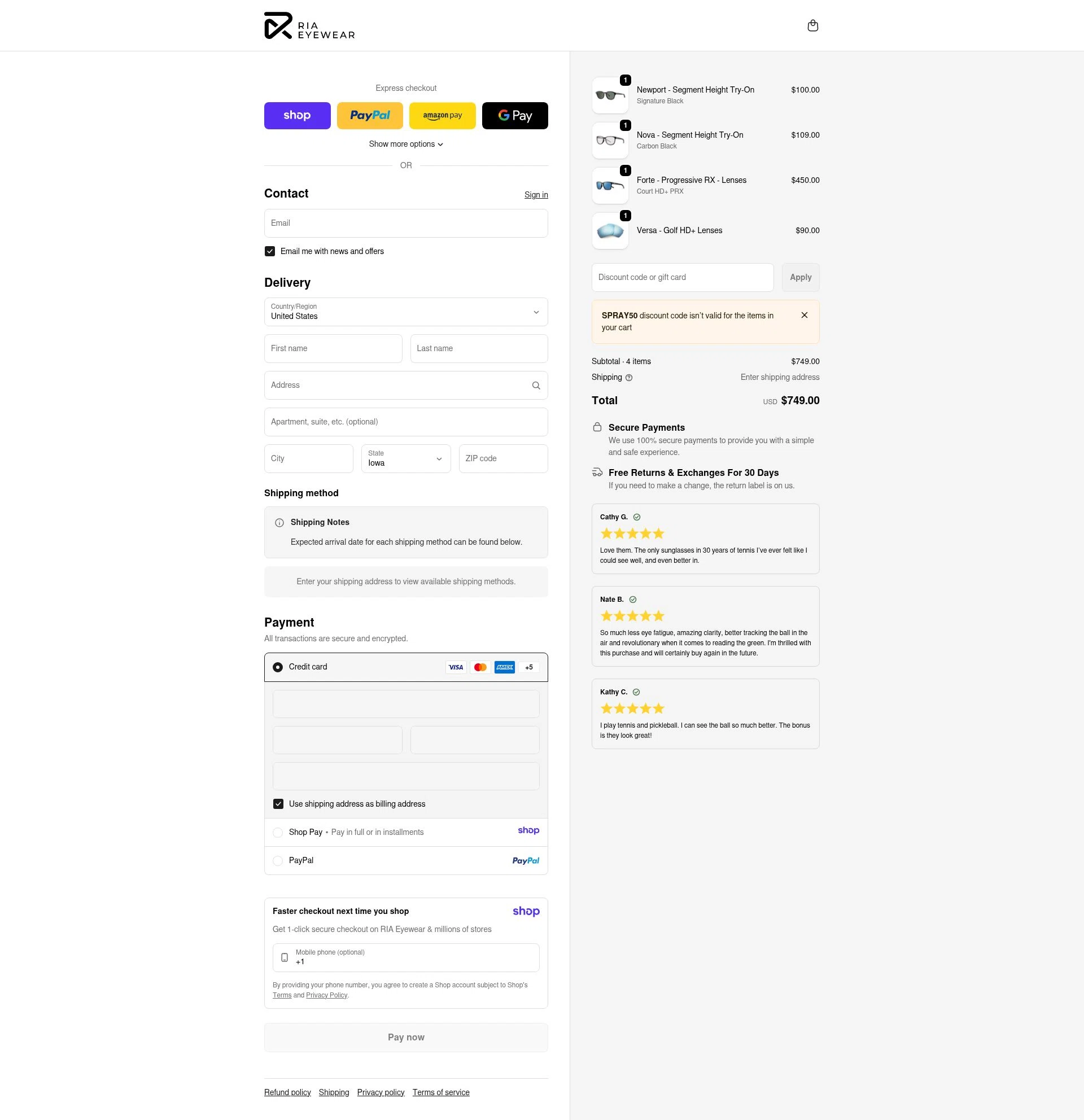 RIA Eyewear checkout page showing RIA Eyewear discount code box | Screenshot taken by SimplyCodes community member on Jan 9, 2026