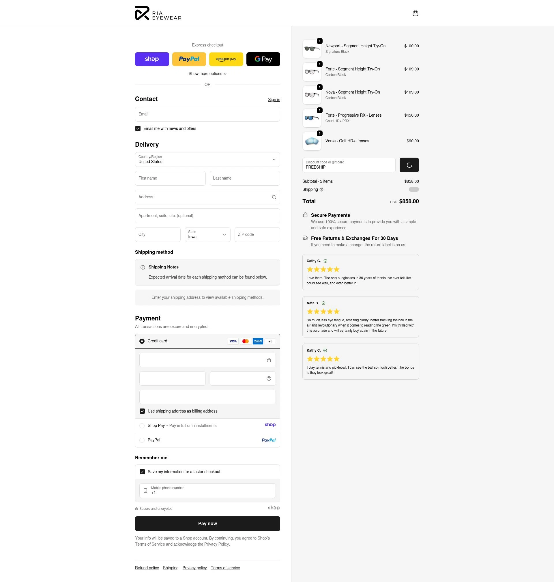 RIA Eyewear checkout page showing RIA Eyewear discount code box | Screenshot taken by SimplyCodes community member on Dec 30, 2025