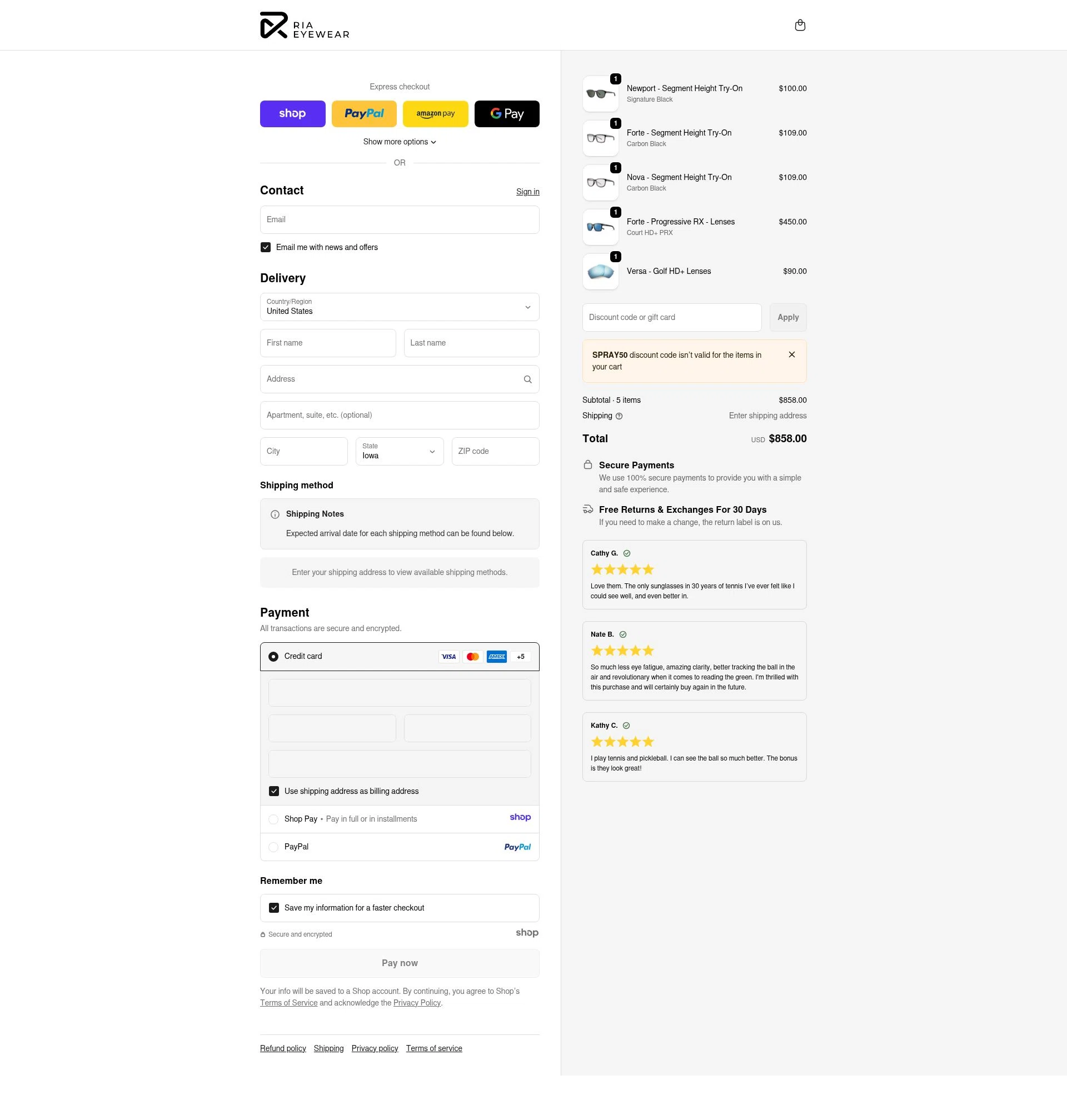 RIA Eyewear checkout page showing RIA Eyewear discount code box | Screenshot taken by SimplyCodes community member on Dec 30, 2025