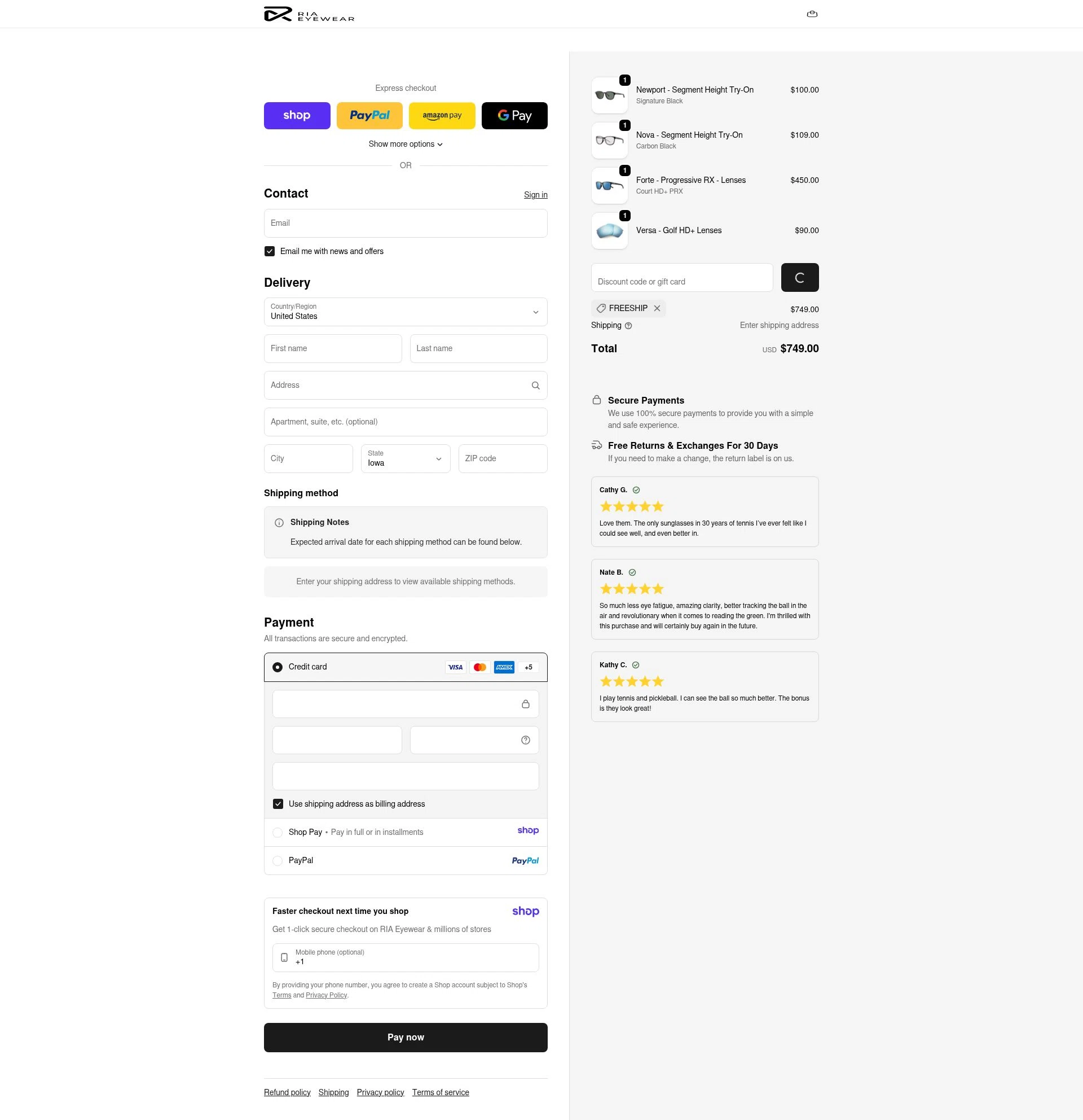 RIA Eyewear checkout page showing RIA Eyewear discount code box | Screenshot taken by SimplyCodes community member on Jan 9, 2026