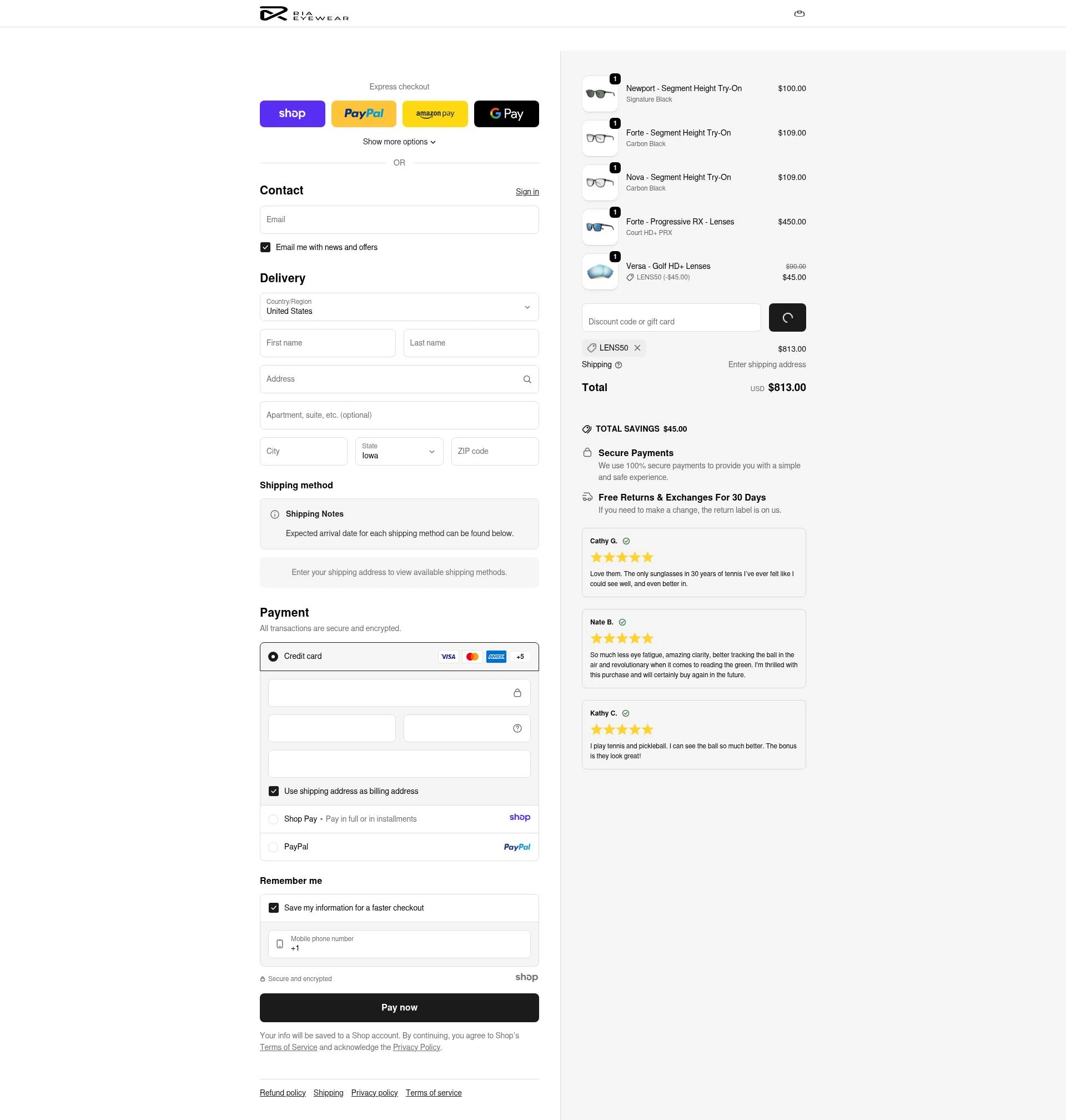 RIA Eyewear checkout page showing RIA Eyewear discount code box | Screenshot taken by SimplyCodes community member on Jan 4, 2026