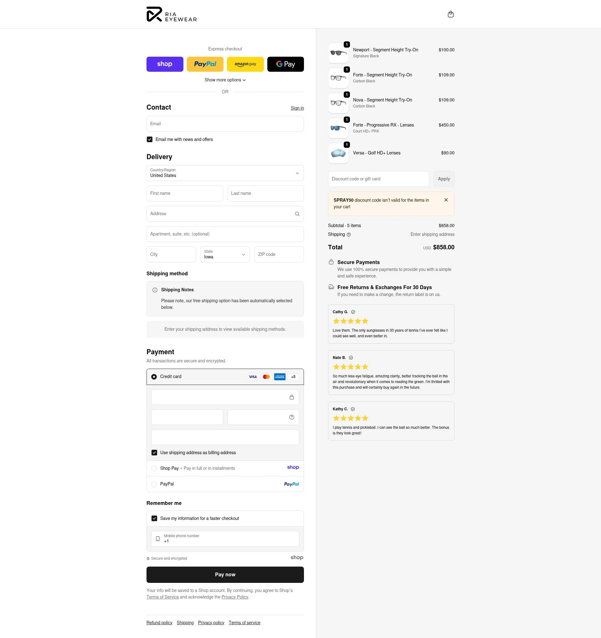 RIA Eyewear checkout page showing RIA Eyewear discount code box | Screenshot taken by SimplyCodes community member on Jan 2, 2026