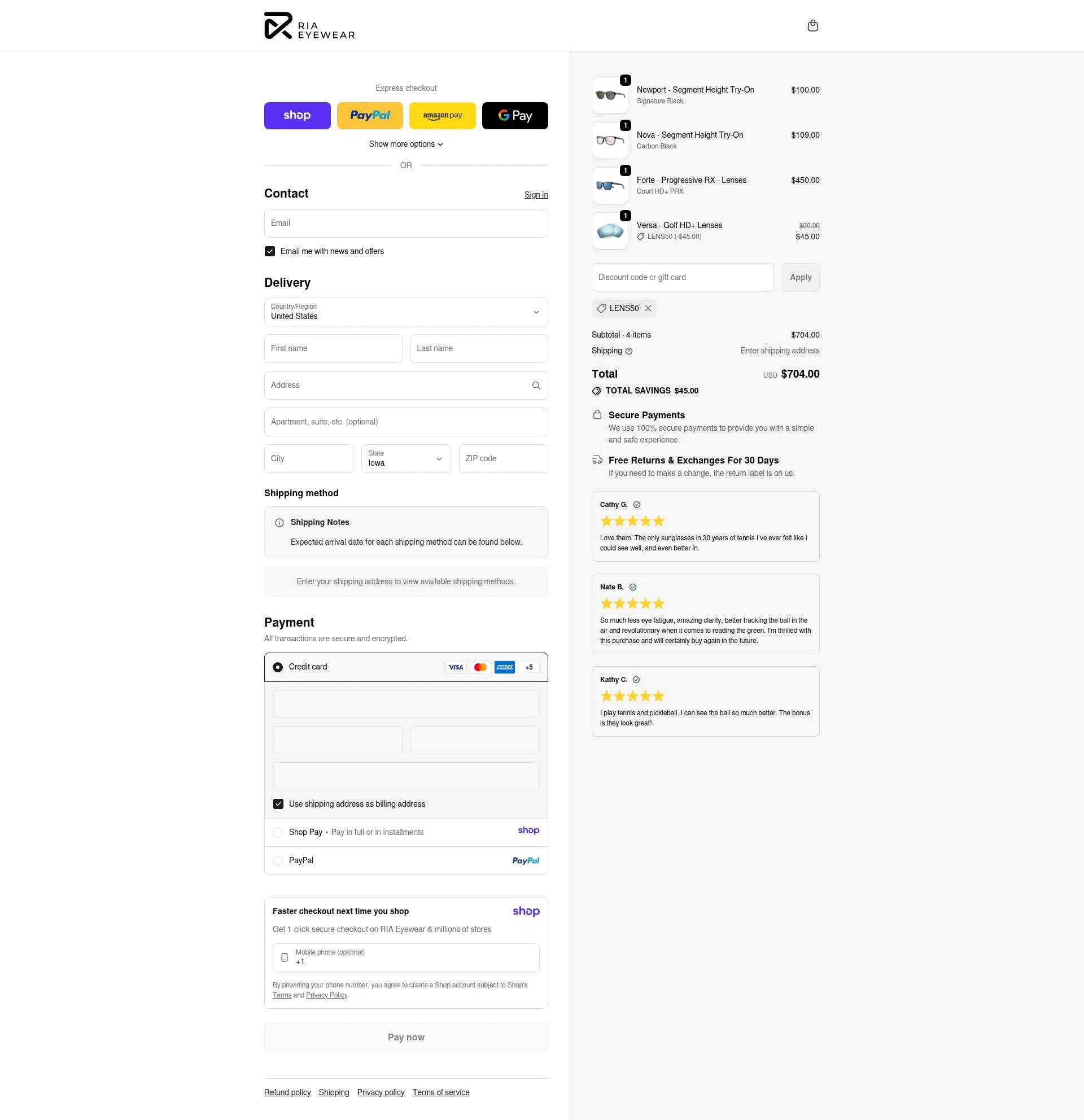 RIA Eyewear checkout page showing RIA Eyewear discount code box | Screenshot taken by SimplyCodes community member on Jan 9, 2026