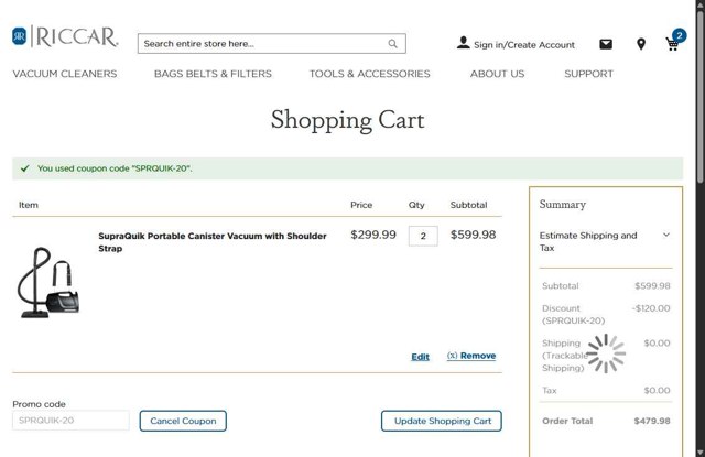 Riccar checkout page showing Riccar promo code box | Screenshot taken by SimplyCodes community member on Aug 23, 2025