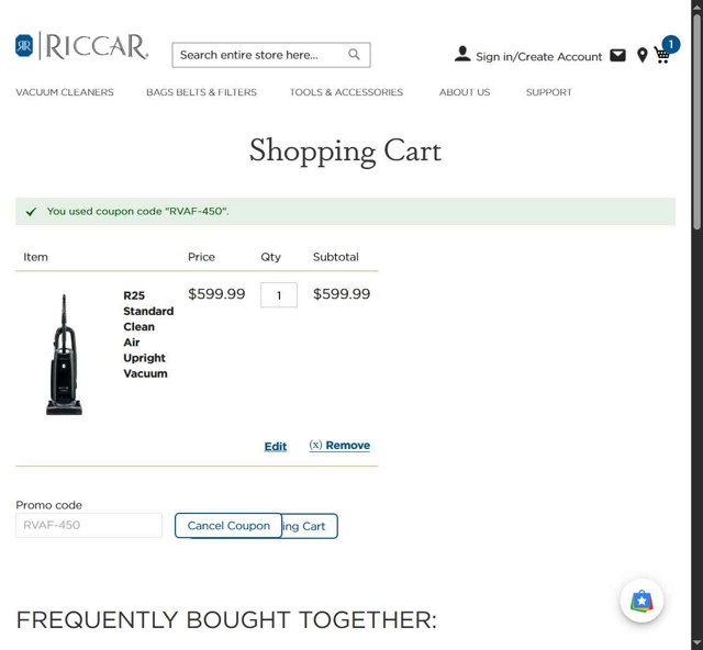 Riccar checkout page showing Riccar promo code box | Screenshot taken by SimplyCodes community member on Aug 1, 2025