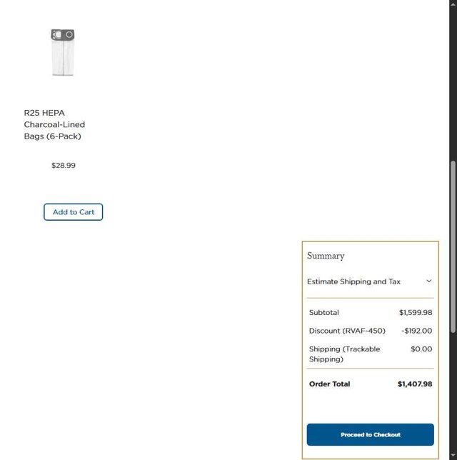 Riccar checkout page showing Riccar promo code box | Screenshot taken by SimplyCodes community member on Aug 26, 2025