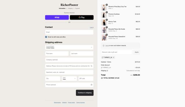 Richer Poorer checkout page showing Richer Poorer discount code box | Screenshot taken by SimplyCodes community member on Sep 10, 2025