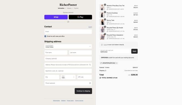 Richer Poorer checkout page showing Richer Poorer discount code box | Screenshot taken by SimplyCodes community member on Sep 10, 2025
