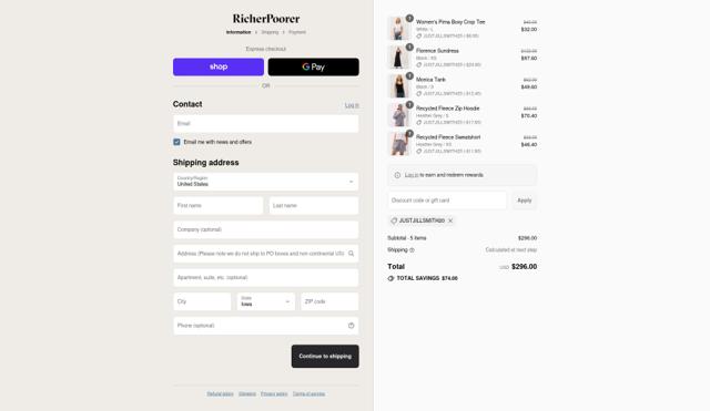 Richer Poorer checkout page showing Richer Poorer discount code box | Screenshot taken by SimplyCodes community member on Sep 10, 2025
