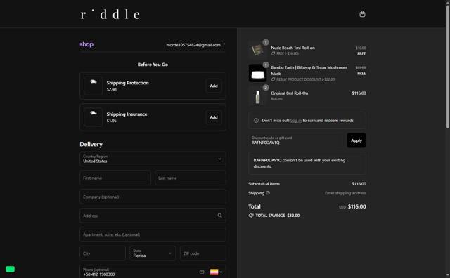 Riddle Oil checkout page showing Riddle Oil discount code box | Screenshot taken by SimplyCodes community member on Sep 2, 2025