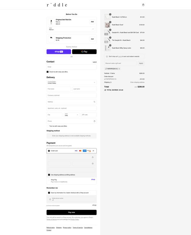 Riddle Oil checkout page showing Riddle Oil discount code box | Screenshot taken by SimplyCodes community member on Aug 25, 2025