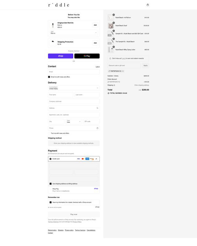 Riddle Oil checkout page showing Riddle Oil discount code box | Screenshot taken by SimplyCodes community member on Sep 5, 2025