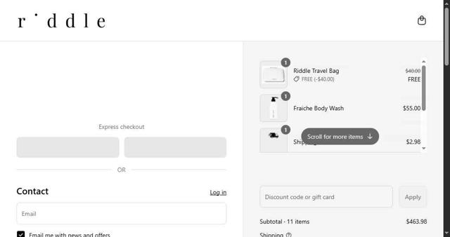 Riddle Oil checkout page showing Riddle Oil discount code box | Screenshot taken by SimplyCodes community member on Aug 21, 2025