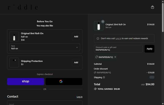 Riddle Oil checkout page showing Riddle Oil discount code box | Screenshot taken by SimplyCodes community member on Sep 5, 2025