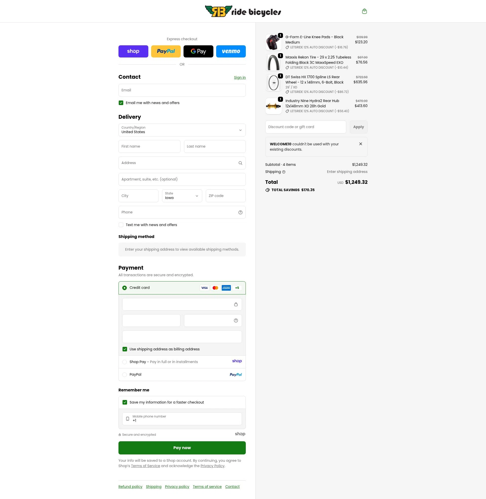 Ride Bicycles checkout page showing Ride Bicycles promo code box | Screenshot taken by SimplyCodes community member on Dec 22, 2025