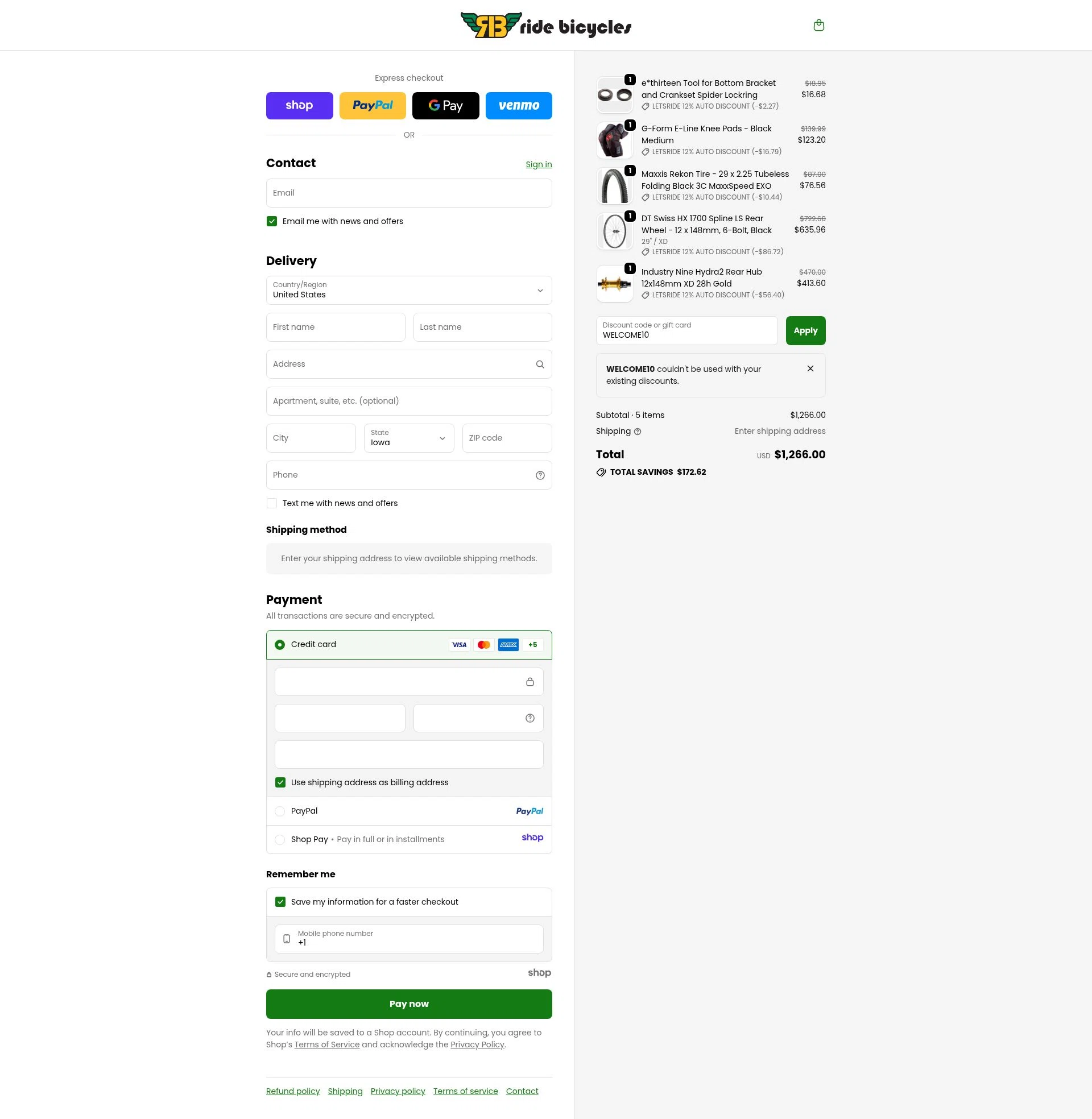 Ride Bicycles checkout page showing Ride Bicycles promo code box | Screenshot taken by SimplyCodes community member on Dec 15, 2025