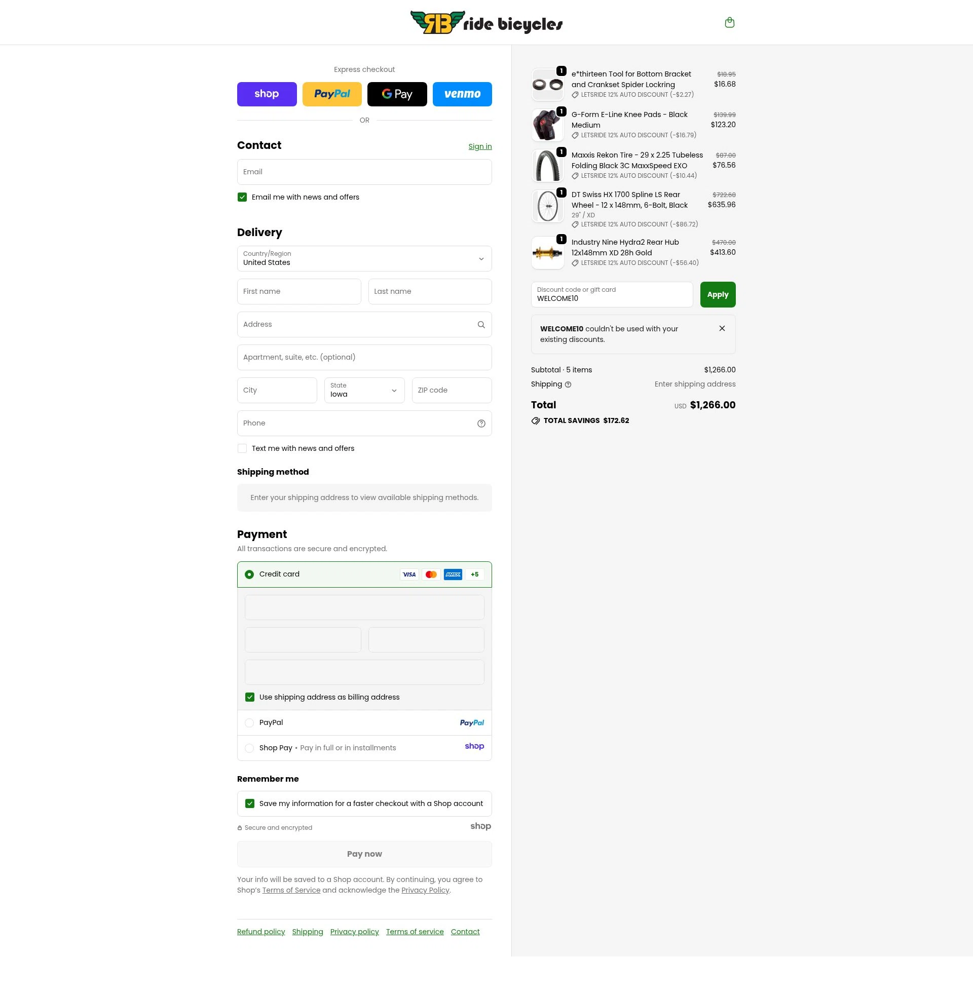 Ride Bicycles checkout page showing Ride Bicycles promo code box | Screenshot taken by SimplyCodes community member on Dec 9, 2025