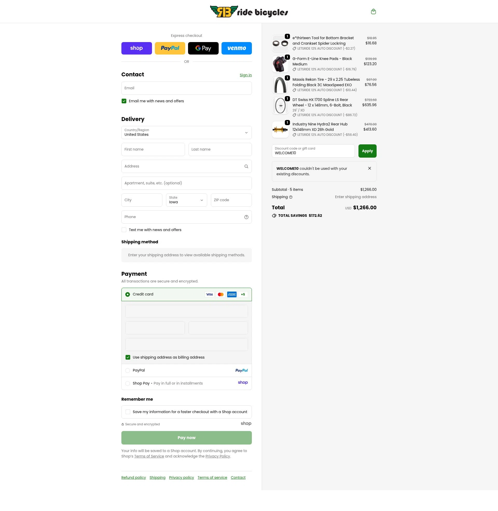 Ride Bicycles checkout page showing Ride Bicycles promo code box | Screenshot taken by SimplyCodes community member on Dec 4, 2025