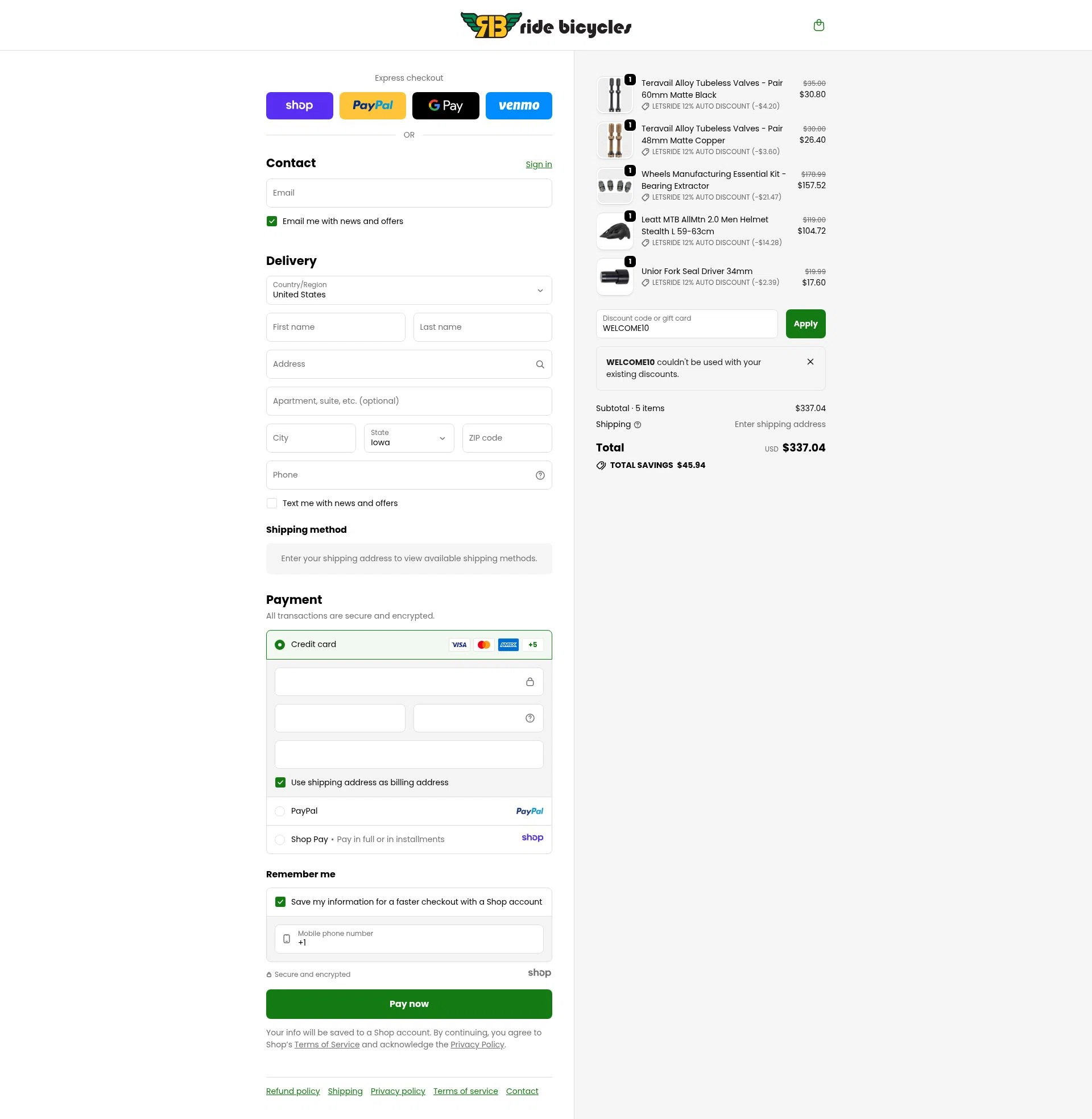 Ride Bicycles checkout page showing Ride Bicycles promo code box | Screenshot taken by SimplyCodes community member on Nov 13, 2025