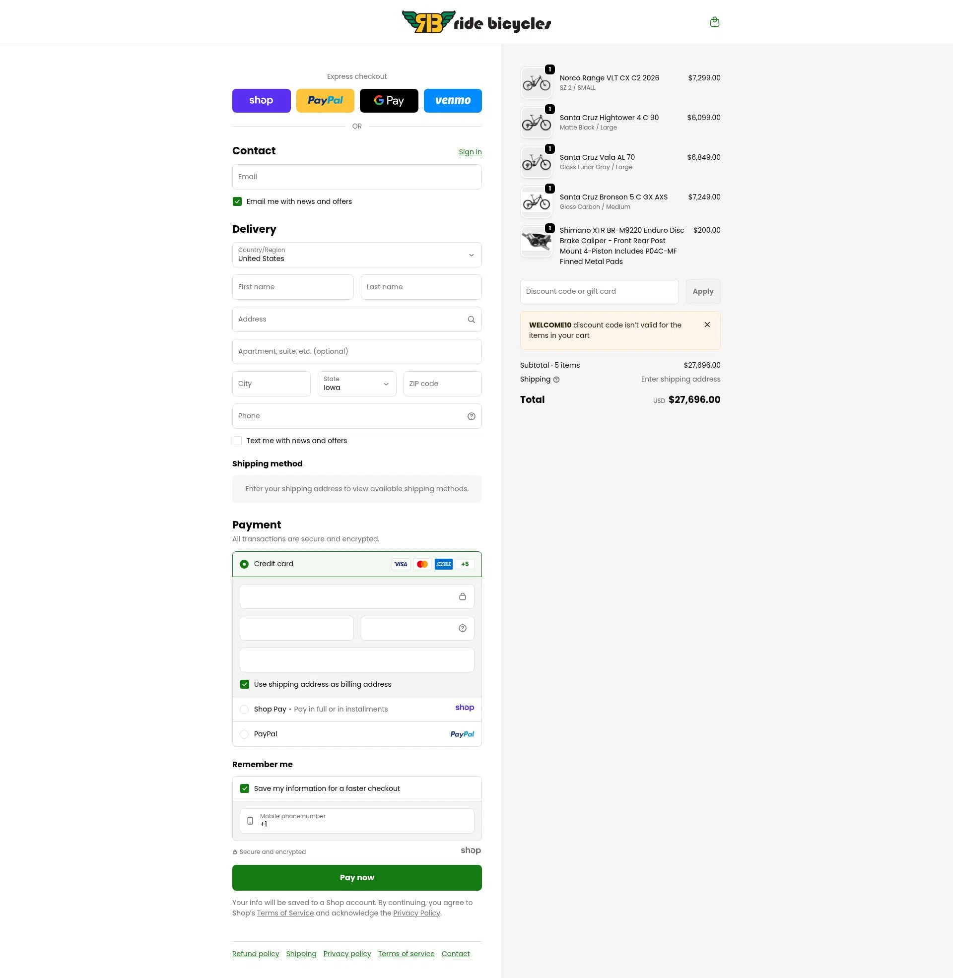 Ride Bicycles checkout page showing Ride Bicycles promo code box | Screenshot taken by SimplyCodes community member on Dec 27, 2025