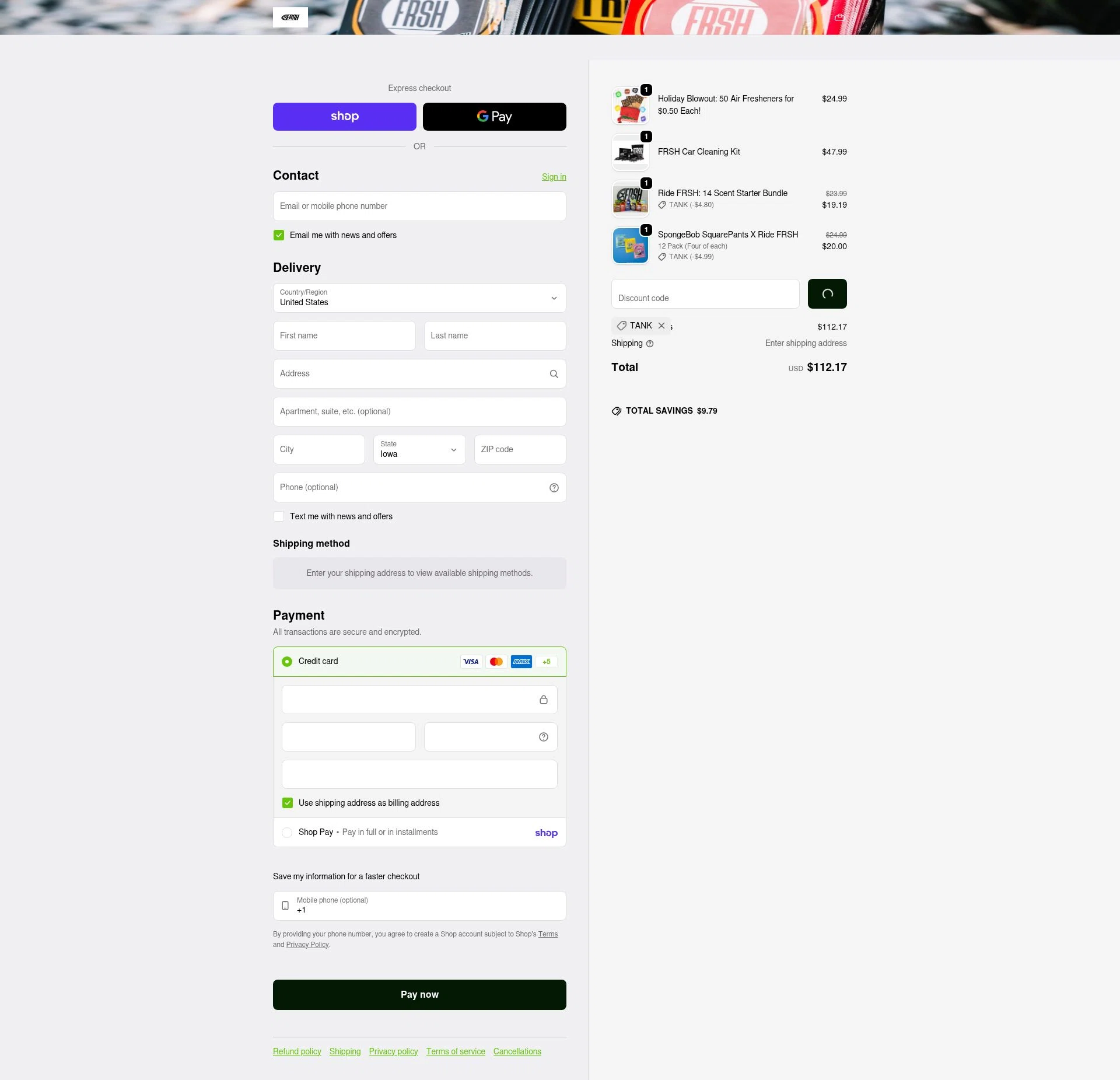 Ridefrsh checkout page showing Ridefrsh promo code box | Screenshot taken by SimplyCodes community member on Feb 4, 2026