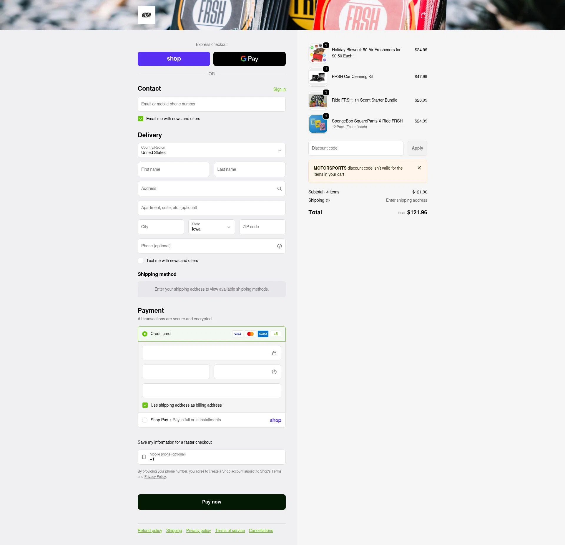 Ridefrsh checkout page showing Ridefrsh promo code box | Screenshot taken by SimplyCodes community member on Feb 8, 2026