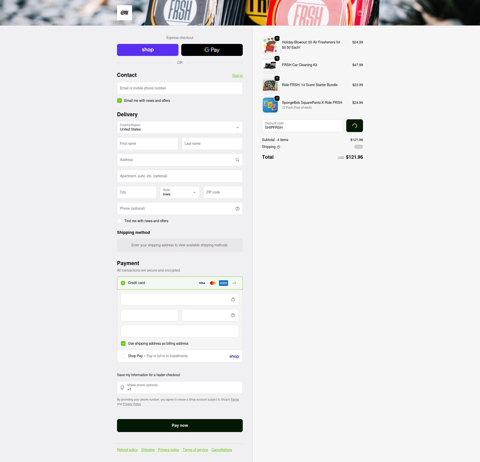 Ridefrsh checkout page showing Ridefrsh promo code box | Screenshot taken by SimplyCodes community member on Feb 4, 2026