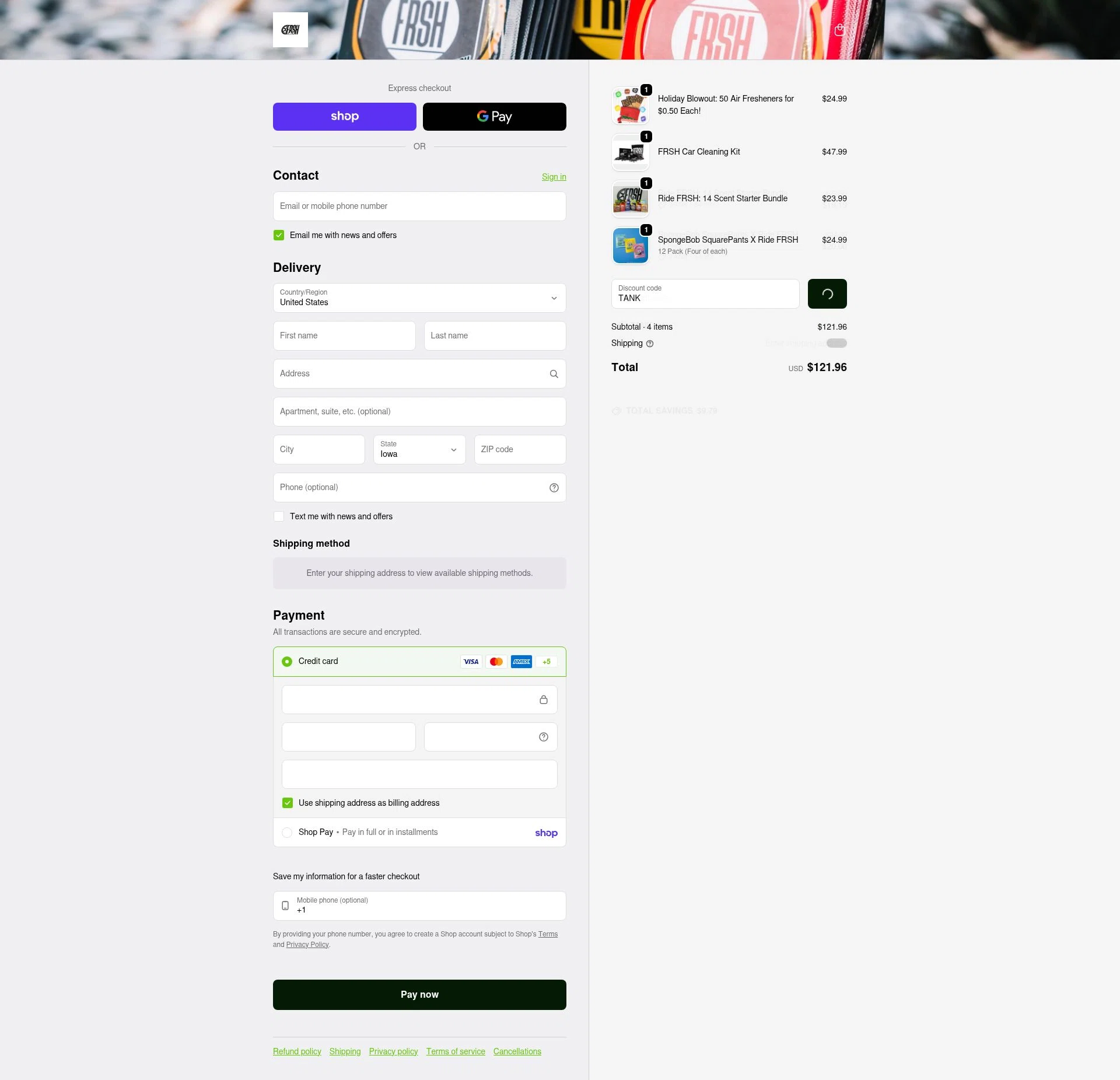 Ridefrsh checkout page showing Ridefrsh promo code box | Screenshot taken by SimplyCodes community member on Feb 8, 2026