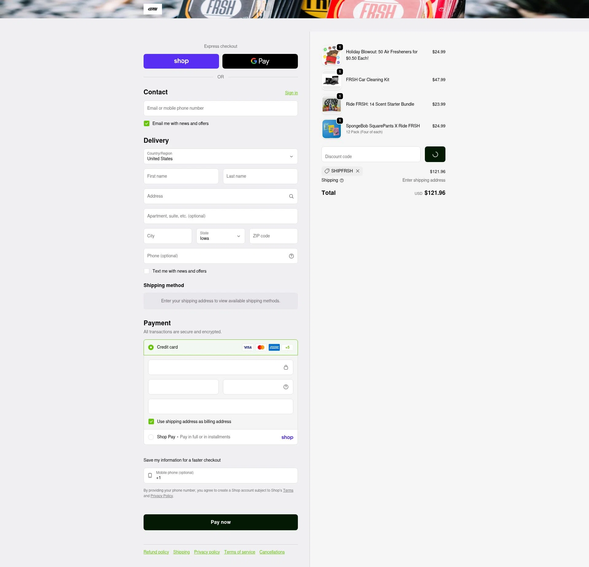 Ridefrsh checkout page showing Ridefrsh promo code box | Screenshot taken by SimplyCodes community member on Feb 8, 2026
