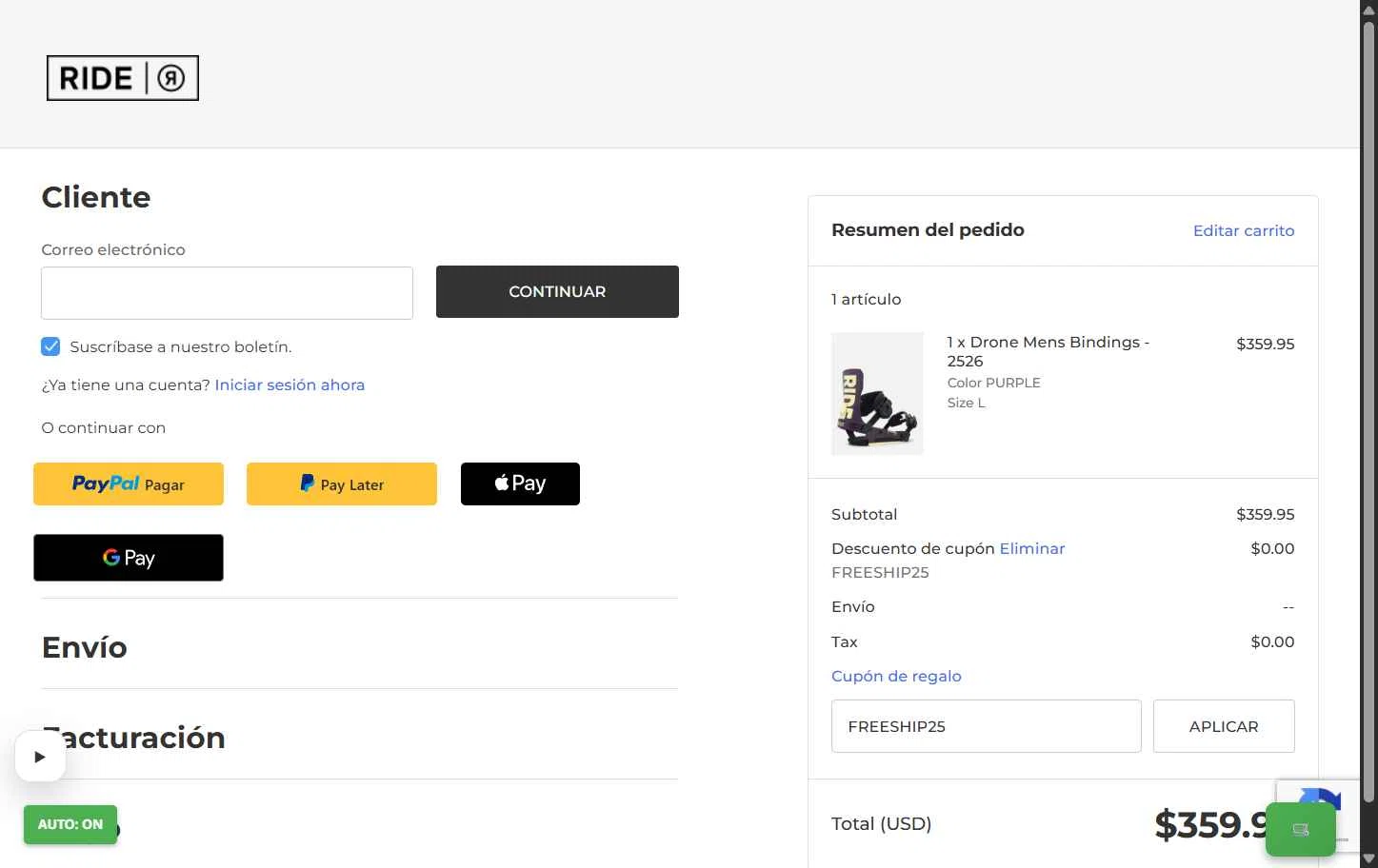 RIDE Snowboards checkout page showing RIDE Snowboards coupon code box | Screenshot taken by SimplyCodes community member on Feb 9, 2026