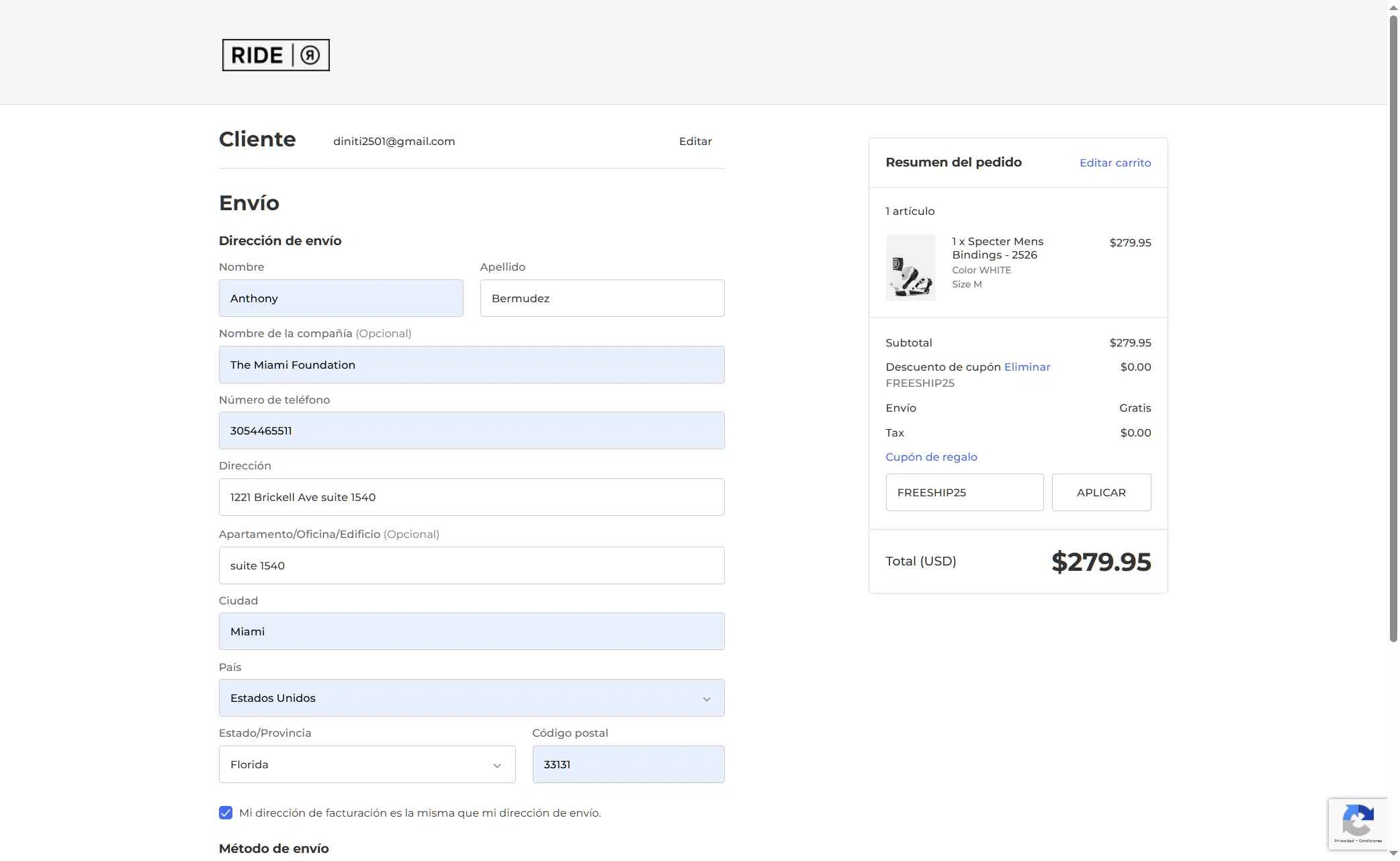 RIDE Snowboards checkout page showing RIDE Snowboards coupon code box | Screenshot taken by SimplyCodes community member on Nov 14, 2025