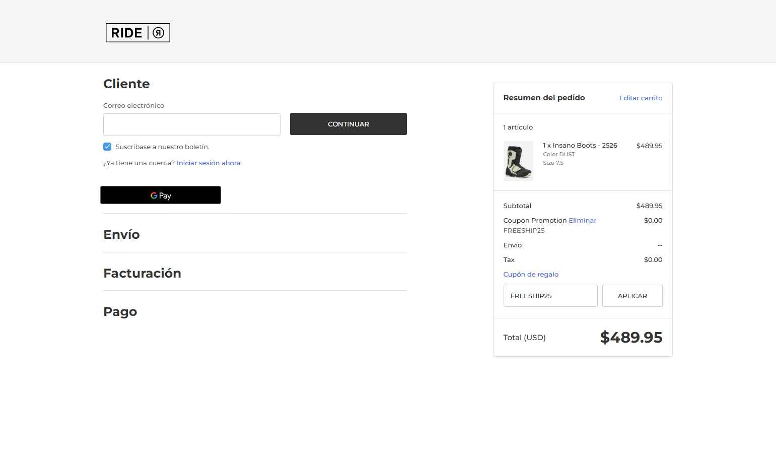RIDE Snowboards checkout page showing RIDE Snowboards coupon code box | Screenshot taken by SimplyCodes community member on Dec 13, 2025