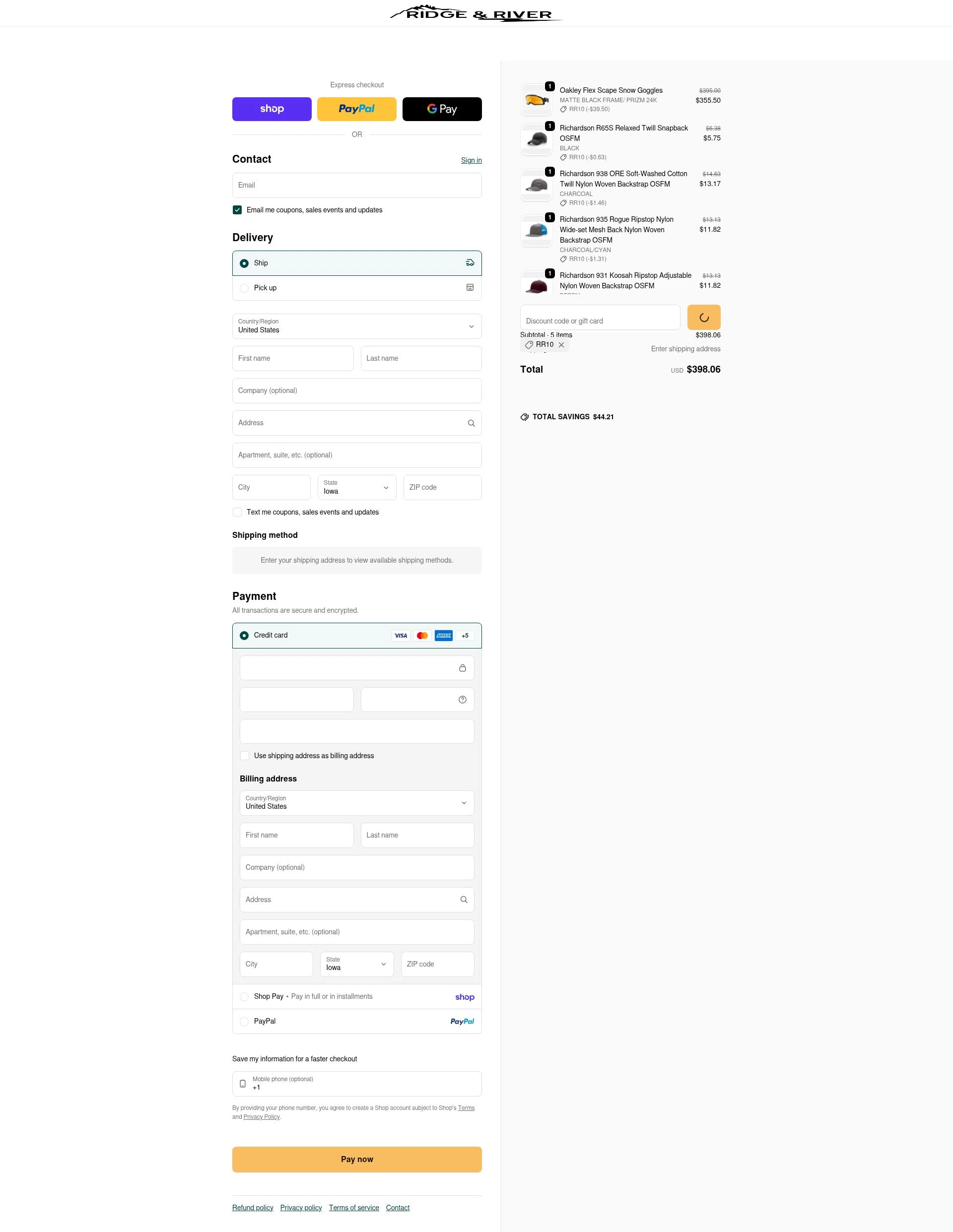 Ridge & River checkout page showing Ridge & River discount code box | Screenshot taken by SimplyCodes community member on Feb 4, 2026