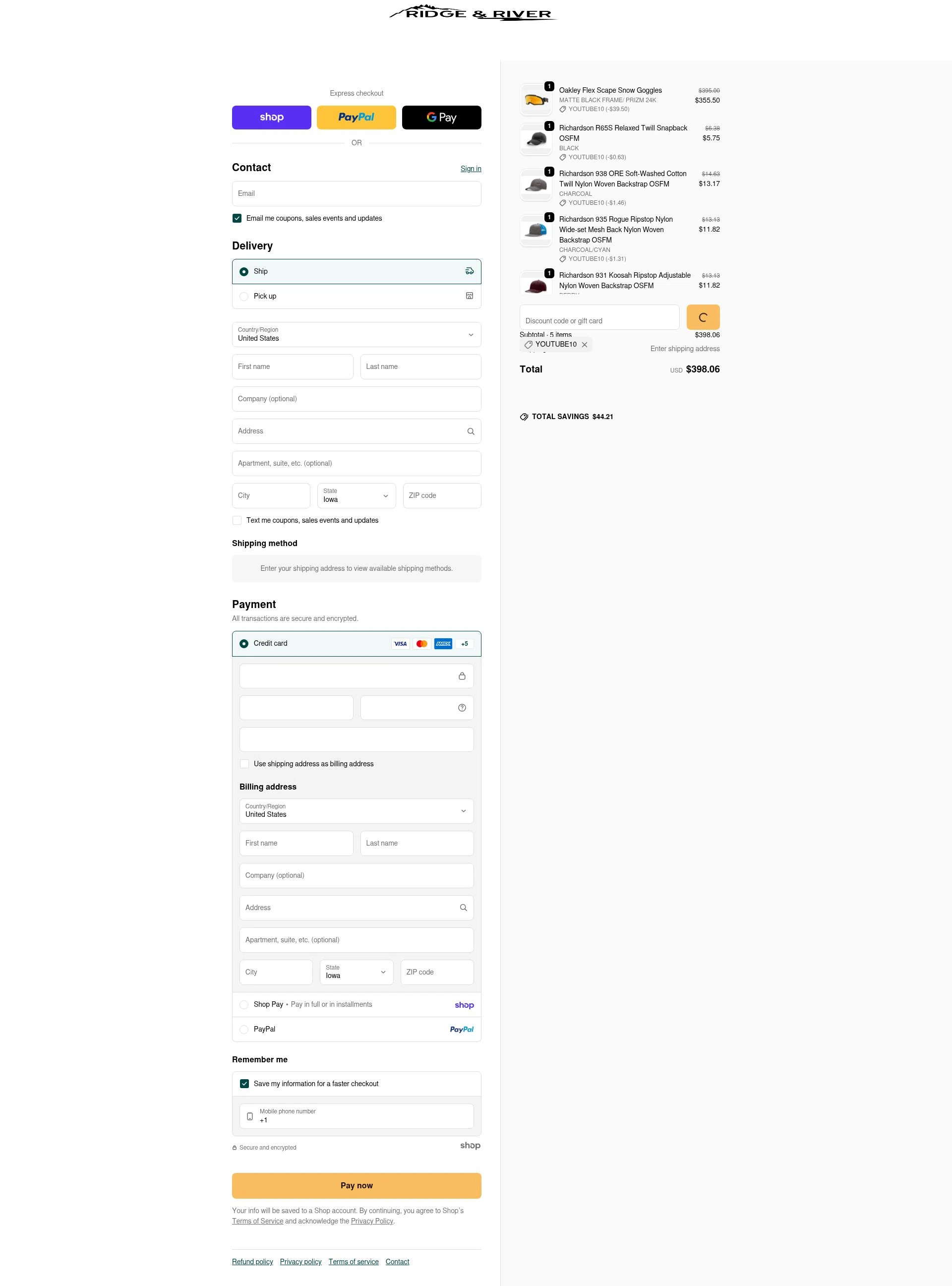 Ridge & River checkout page showing Ridge & River discount code box | Screenshot taken by SimplyCodes community member on Jan 26, 2026