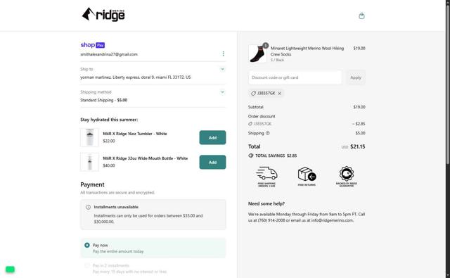 Ridge Merino checkout page showing Ridge Merino discount code box | Screenshot taken by SimplyCodes community member on Jul 8, 2025