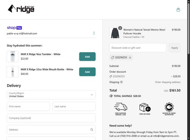 Ridge Merino checkout page showing Ridge Merino discount code box | Screenshot taken by SimplyCodes community member on Jul 8, 2025