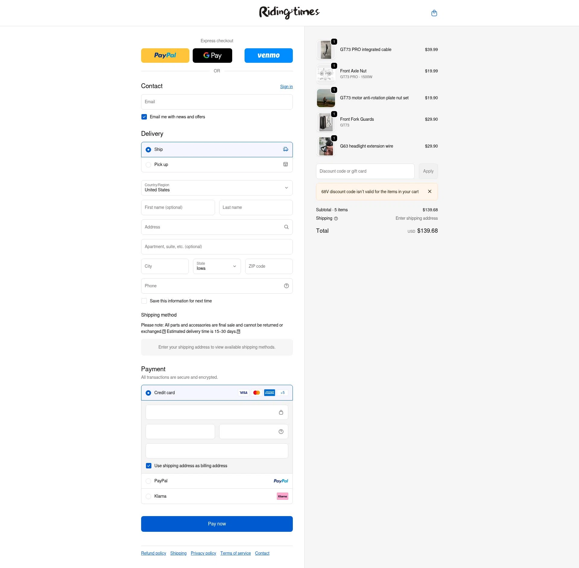 Riding Times checkout page showing Riding Times discount code box | Screenshot taken by SimplyCodes community member on Feb 9, 2026