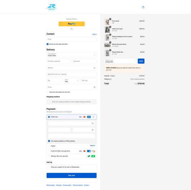 Ridstarebike checkout page showing Ridstarebike promo code box | Screenshot taken by SimplyCodes community member on Sep 13, 2025
