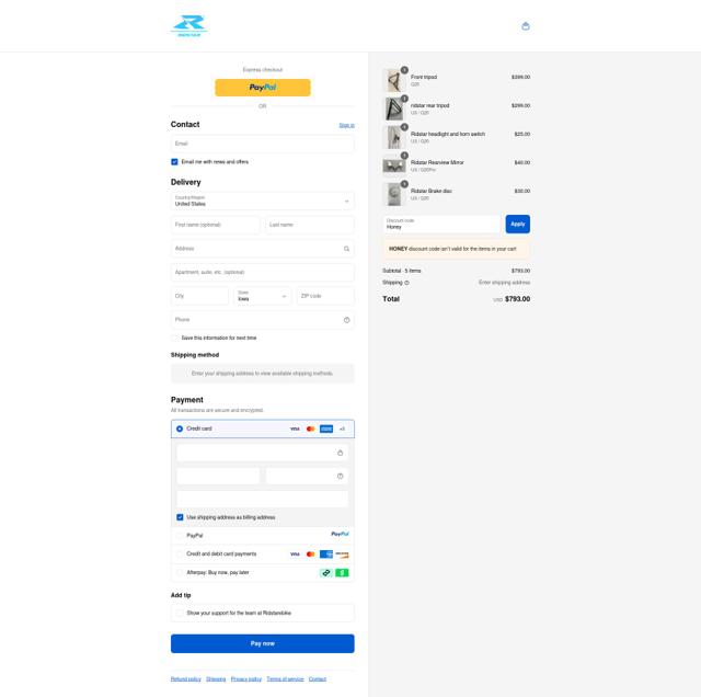 Ridstarebike checkout page showing Ridstarebike promo code box | Screenshot taken by SimplyCodes community member on Sep 13, 2025