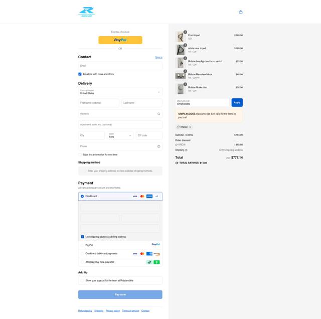 Ridstarebike checkout page showing Ridstarebike promo code box | Screenshot taken by SimplyCodes community member on Sep 9, 2025
